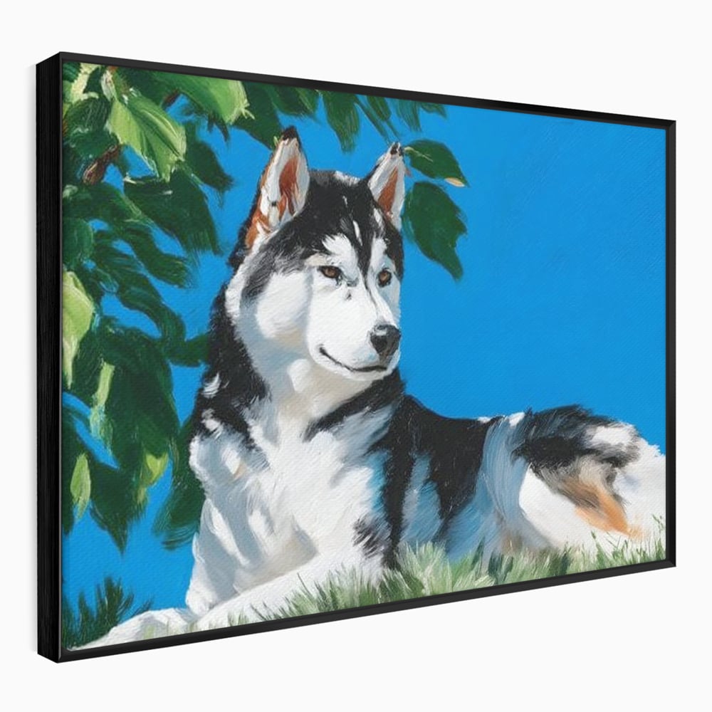 Tablou canvas cu tablou canvas cu husky sub copac, in rama de aluminiu negru